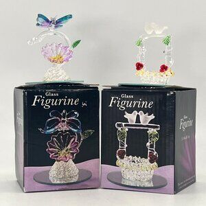 Glass Figurines Set Of 2 Mirror Base Butterfly Doves Collectible Decorative Gift